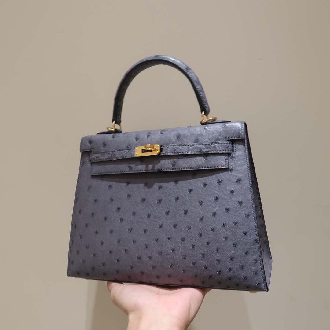 Hermes Kelly 25cm Handbag Shoulder Bag in Grey Ostrich Leather